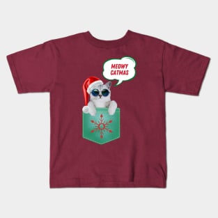 Cute Meowy Catmas Christmas Cat In Pocket Kids T-Shirt